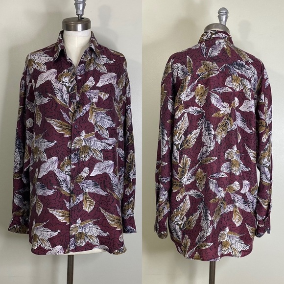 100% SILK FALL LEAVES SOFT BUTTON UP LONG SLEEVE BLOUSE SIZE LARGE UNISEX - Picture 1 of 14